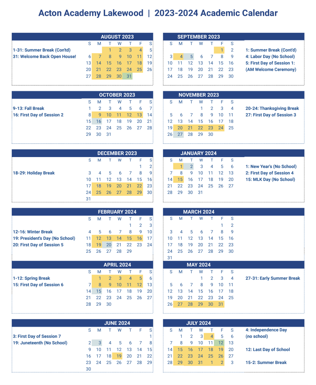 Acton Academy's Academic Calendar