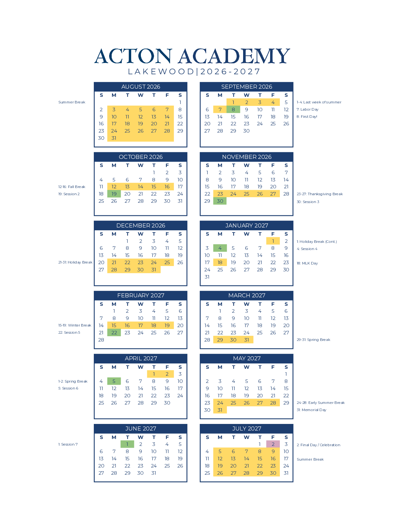Acton Academy 2026-2027 Academic Calendar